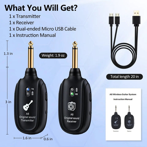 Dual Mode Wireless Guitar System UHF components, 1.9 oz transmitter, receiver, USB cable, and manual, plug and play for instruments.