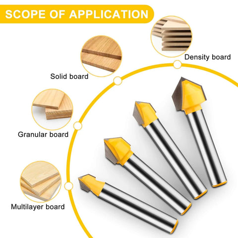 Image showing four metal and yellow 90 Degree V Groove Router Bit Set With One Quarter Inch Shank for various board types.