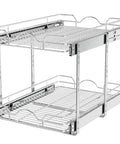 Smooth Glide Double Tier Pull Out Cabinet Organizer With Chrome Finish For Kitchen Base Cabinet Storage Slide Out Shelving Rack Hella Spacious Pantry Drawer Setup, dual-level chrome storage rack.