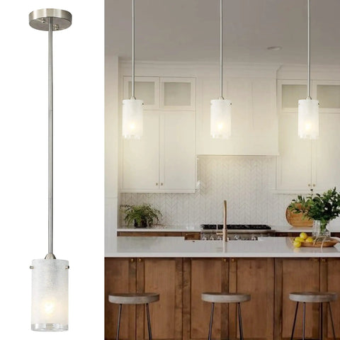 One Light Mini Pendant With White Frosted Shade, Brushed Nickel Finish over kitchen island, adjustable height cord, pack of 2