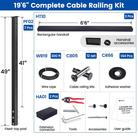 Complete 19'6" Top Shelf Stainless Steel Cable Railing Kit for Decks with posts, handrails, tools, and accessories.