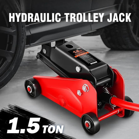 Low Profile Hydraulic Trolley Floor Jack 1.5 Ton Capacity 3000 Lbs Lift Range 5.5 To 15.35 Inches Red Car Service Workhorse Tool