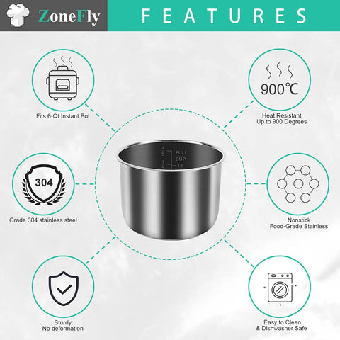 Visual features of 6 Qt Inner Pot For Electric Pressure Cooker Replacement With 2 Pack 100 Percent Silicone Sealing Ring Replacements And Nonstick Liner Durable Stainless Steel Pot That Fits Most 6 Quart Models Easy Clean Kitchen Upgrade