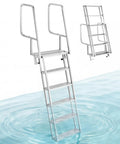6 Step Beefy Heavy Duty Aluminum Dock Ladder With Flip Up Design, Non Slip Wide Steps, 350 Lb Weight Capacity, Pontoon Boat Swim Ladder With Pull Rope Assist For Lake Pool Marine Boarding, Durable Easy To Use. 6-step aluminum dock ladder with wide steps and handrails in water.
