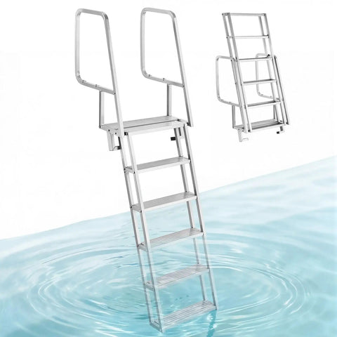 6 Step Beefy Heavy Duty Aluminum Dock Ladder With Flip Up Design, Non Slip Wide Steps, 350 Lb Weight Capacity, Pontoon Boat Swim Ladder With Pull Rope Assist For Lake Pool Marine Boarding, Durable Easy To Use. 6-step aluminum dock ladder with wide steps and handrails in water.