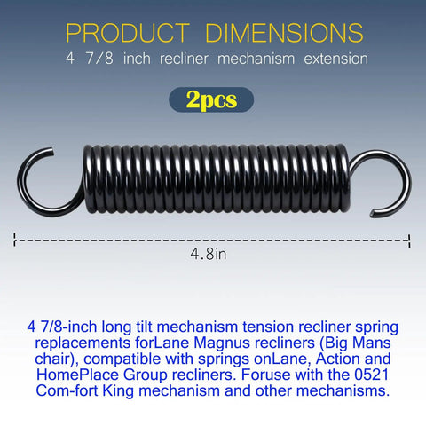 Close-up of Four And Seven Eighths Inch Recliner Mechanism Extension Springs Two Pack Replacement Parts, 4.8-inch long.
