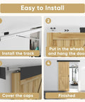 Installation steps for six foot sliding barn door hardware track kit with handles in black, smooth glide and modern look.