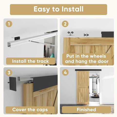 Installation steps for six foot sliding barn door hardware track kit with handles in black, smooth glide and modern look.