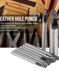 2Mm Leather Oval Hole Punch Kit, 9 Piece Carbon Steel Hollow Punch Set for leatherwork with tools displayed on leather pieces.