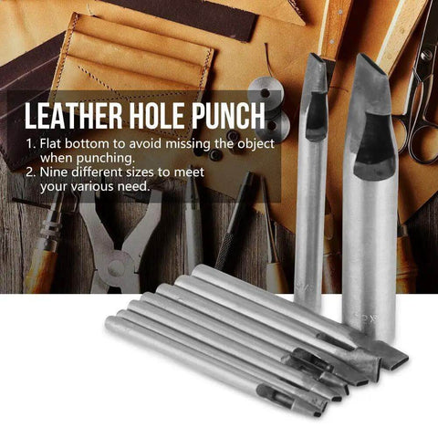 2Mm Leather Oval Hole Punch Kit, 9 Piece Carbon Steel Hollow Punch Set for leatherwork with tools displayed on leather pieces.