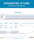 Integrated T8 tube package contents including light tube, connectors, cables for 8 Foot LED Shop Light 25 Pack 120W High Output T8 Linkable Tube Lights With Beefy Brightness 14400 Lumens 6000K Cold White V Shape Clear Cover Plug And Play For Garage Warehouse And Workshop.