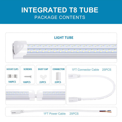 8 Foot Ultra Bright V Shaped Led Shop Light Fixture With Clear Cover 120W 14400 Lumens 6000K Cold White Linkable Tubes For Garage And Warehouse Use 25 Pack showing T8 tube and accessories