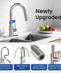 Rock Solid Kitchen Faucet With Smooth Pull Down Sprayer In Clean Brushed Nickel Finish, featuring 360° swivel spout and ergonomic design.