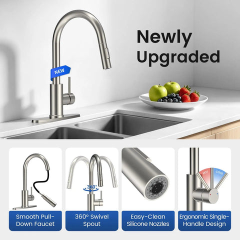 Rock Solid Kitchen Faucet With Smooth Pull Down Sprayer In Clean Brushed Nickel Finish, featuring 360° swivel spout and ergonomic design.