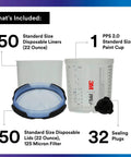 All-In-One PPS 2.0 Spray Cup System Kit with 22 ounce reusable paint cup, 50 lids, 50 liners, and 32 sealing plugs displayed