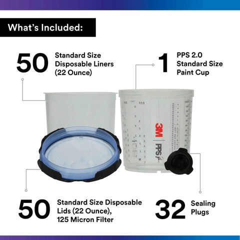 All-In-One PPS 2.0 Spray Cup System Kit with 22 ounce reusable paint cup, 50 lids, 50 liners, and 32 sealing plugs displayed