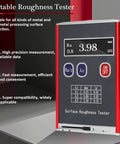 Portable Surface Roughness Tester With 0.01 μm Accuracy, Compact Profilometer For Ra/Rq 0.05 To 15.0 μm And Rz/Rt 0.1 To 50.0 μm, Rechargeable With Standard Calibration Block, On-The-Go Precision Gauge For Metals, Plastics, Ceramics. Red handheld surface roughness tester showing Ra 3.98 μm