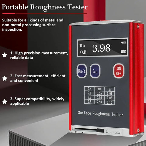 Portable Surface Roughness Tester With 0.01 μm Accuracy, Compact Profilometer For Ra/Rq 0.05 To 15.0 μm And Rz/Rt 0.1 To 50.0 μm, Rechargeable With Standard Calibration Block, On-The-Go Precision Gauge For Metals, Plastics, Ceramics. Red handheld surface roughness tester showing Ra 3.98 μm