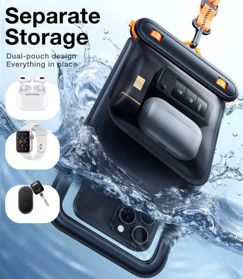 IP68 Waterproof Phone Pouch With Dual Pockets And Lanyard Floating Dry Bag for iPhone 17 Pro Max in water with accessories