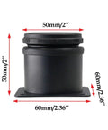 Close-up of black adjustable furniture leg with 2-inch diameter, showing dimensions, for cabinets and shelves with mounting plate