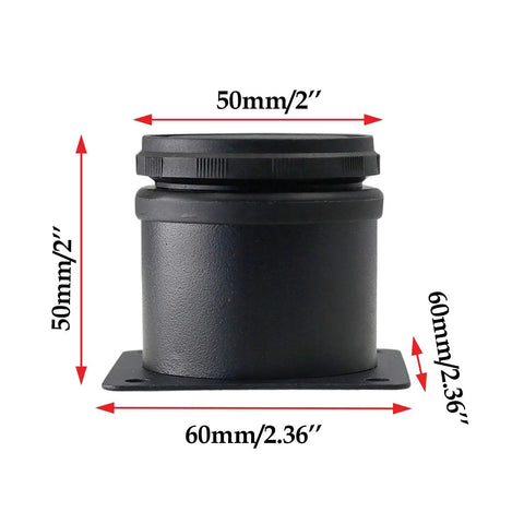 Close-up of black adjustable furniture leg with 2-inch diameter, showing dimensions, for cabinets and shelves with mounting plate