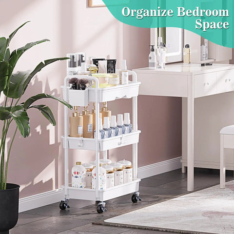 Three Tier Rolling Cart With Removable Drawer And Lockable Wheels For Bathroom Kitchen Office Craft Makeup And Baby Essentials White Space Saver Great For Small Spaces And Daily Use