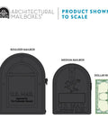 Boulder Postmount Mailbox Large Black All Weather Tough Built Outdoor Ready Rust Resistant Galvanized Steel With Black Powder Coat Finish For All Seasons And Easy Mail Delivery next to medium mailbox and dollar bill for scale