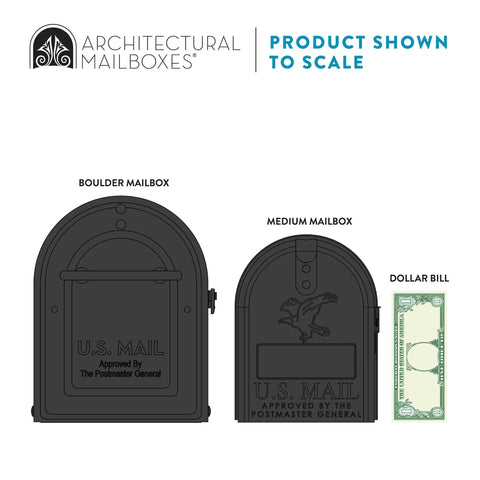 Boulder Postmount Mailbox Large Black All Weather Tough Built Outdoor Ready Rust Resistant Galvanized Steel With Black Powder Coat Finish For All Seasons And Easy Mail Delivery next to medium mailbox and dollar bill for scale