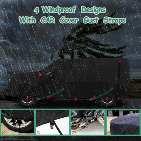 Bronco 4 Door Car Cover For 2021 To 2025 Stormproof All Weather Heavy Duty 6 Layer Waterproof protecting SUV in rain with straps.