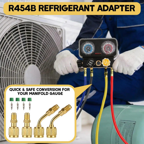 Grind Ready A2L R454B Refrigerant Adapter And Mini Split Brass Coupler Paired With Auto AC Manifold Gauge Connector for HVAC use.