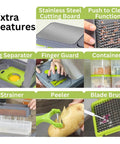 Amazin Goods All-in-One Vegetable Chopper with green accents; collage showing cutting board, egg separator, peeler.