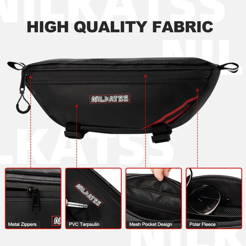 Waterproof Handlebar Tool Bag Made With PVC Tarpaulin For Dirt Bikes That Fits Sur Ron Segway Talaria Off Road Rides And Keeps Your Essentials Dry In Wet Weather Ready For Any Trail Or Wet Conditions, black PVC tarpaulin handlebar bag with zipper and pockets
