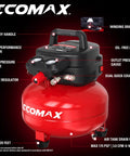 Oil Free 6 Gallon Pancake Air Compressor, 175 PSI Portable Little Powerhouse With 10 Piece Accessory Kit, labeled features