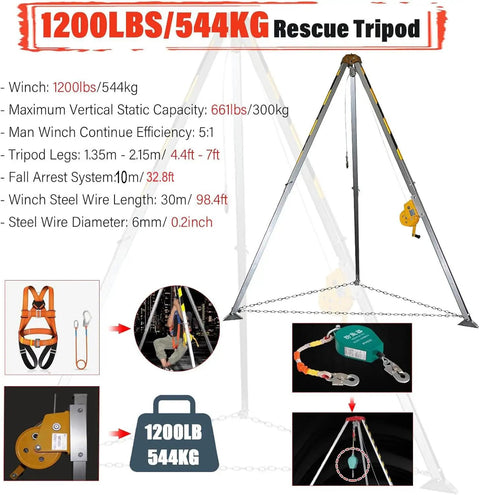 Confined Space Rescue Tripod Kit With 30m Cable, Portable Sewer Lifting Equipment, tripod and accessories shown