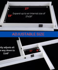 Juice Groove Router Jig Adjustable For Cutting Boards Easy Way To Create Clean Juice Grooves Across Any Thickness Includes 8 Extra Spacers Expands From 11 By 8 Inches Up To 27 By 19 Inches Pro Grade Woodworking Jig For Square Recesses On Cutting Boards, shown expanded and collapsed.