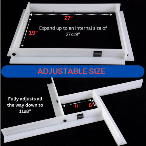 Juice Groove Router Jig Adjustable For Cutting Boards Easy Way To Create Clean Juice Grooves Across Any Thickness Includes 8 Extra Spacers Expands From 11 By 8 Inches Up To 27 By 19 Inches Pro Grade Woodworking Jig For Square Recesses On Cutting Boards, shown expanded and collapsed.