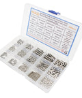 Top Shelf 304 Stainless Steel Button Head Socket Cap Screws And Hex Nuts Assortment Kit With Inch Coarse Threads For Heavy Duty Builds, arranged in clear storage case.
