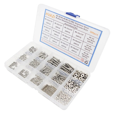 Top Shelf 304 Stainless Steel Button Head Socket Cap Screws And Hex Nuts Assortment Kit With Inch Coarse Threads For Heavy Duty Builds, arranged in clear storage case.