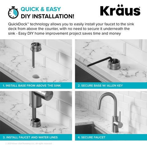 Oletto Single Handle Kitchen Bar Faucet In Chrome Finish, 12 1/4 Inch Height installation steps with QuickDock technology.
