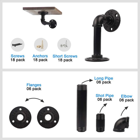 Industrial Pipe Shelf Brackets Set Of 6 For DIY Floating Shelves Black Iron Wall Mount Hardware Included with screws and anchors