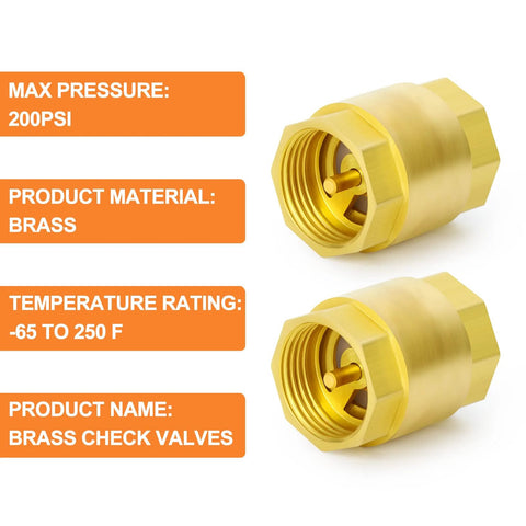 Two brass check valves with 1-inch female threads for backflow prevention