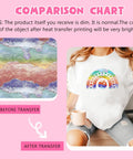 Comparison chart shows Rainbow Watercolor Sublimation Transfer Paper Kit With 12 Sheets 12x10 Inches on shirt before and after transfer