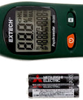 RH300 Digital Psychrometer Humidity Meter with Temperature, Dew Point and Wet Bulb Readouts next to batteries.