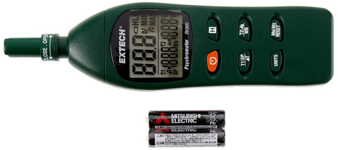 RH300 Digital Psychrometer Humidity Meter with Temperature, Dew Point and Wet Bulb Readouts next to batteries.