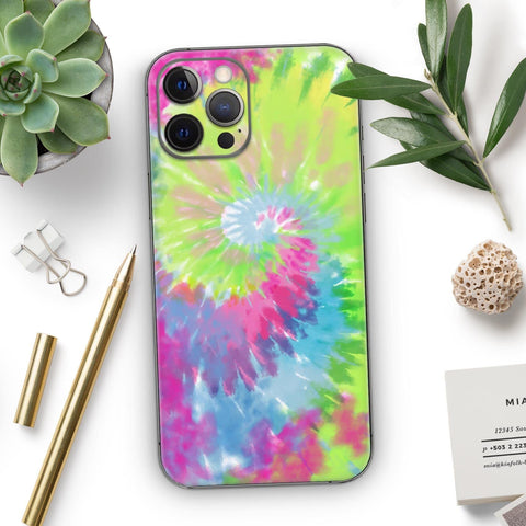 Full Body Skin Decal Wrap Kit for iPhone 11 With Spiral Tie Dye Pattern V7 on phone with desk accessories