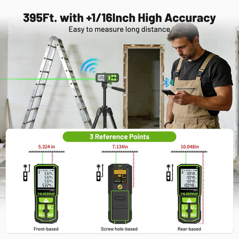 Bluetooth Green Laser Measuring Tool With 395 Ft Range S120-G-BT, No Fuss Smart App Control For Quick Measurements, Instant Phone Sync, Group Data Access, Annotated Photos, And Easy Sketching. Front, rear, and screw-hole views.