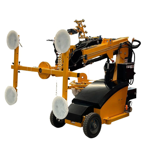 Industrial Hydraulic Glass Vacuum Suction Lifter Mobile Panel Handler showing hydraulic arms and suction cups for marble granite slab lifting.