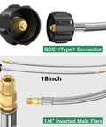 Front view of a 2-stage LP propane regulator with two 18-inch braided hoses and 1/4in inverted male flare fittings