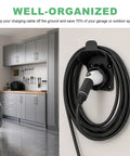 Tough As Nails Ev Charger Holder For SAE J1772 Plugs Wall Mount Hanger keeps charging cord secure on wall in garage.