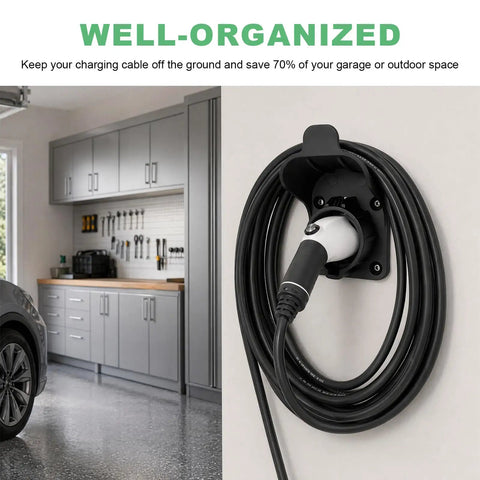Tough As Nails Ev Charger Holder For SAE J1772 Plugs Wall Mount Hanger keeps charging cord secure on wall in garage.
